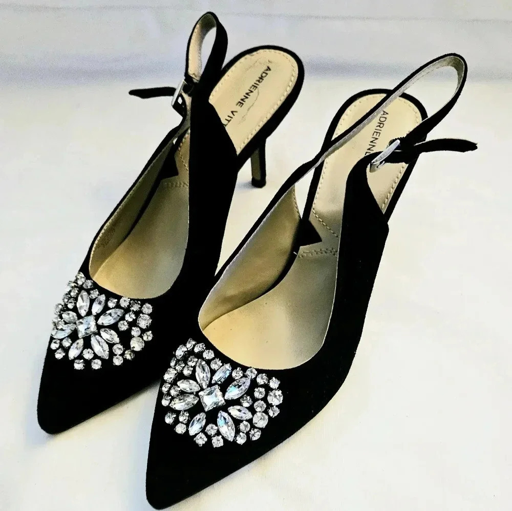 Adrienne Vittadini  Fine Leather Rinestone Black Suede Back Buckle Heel Shoe sz7 - Picture 2 of 11